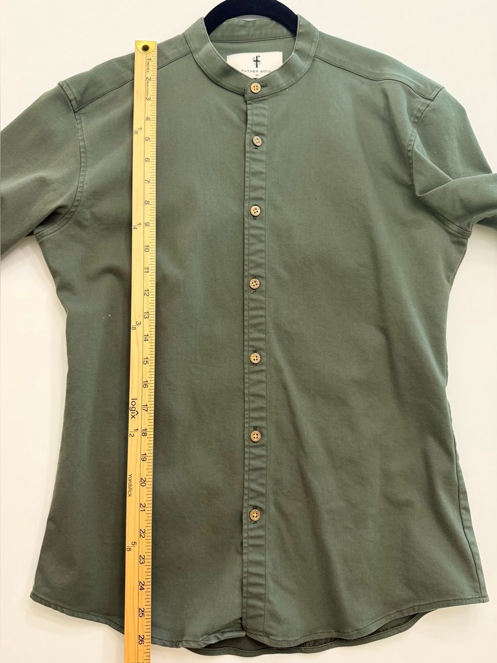 Father & Sons Olive Green Stretch Slim Fit Mandarin Grandad Collar Shirt M - Picture 6 of 9